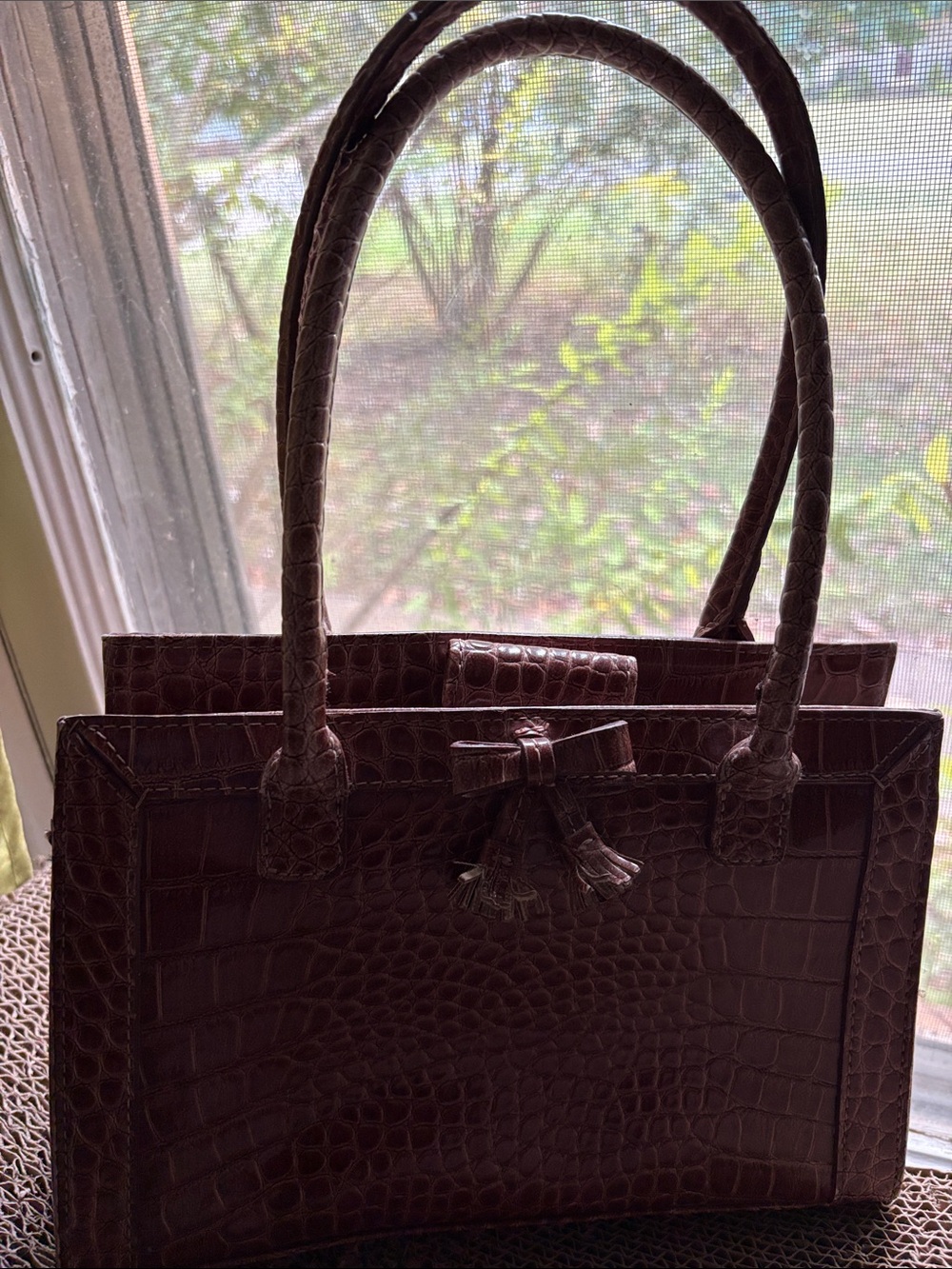 Liz Claiborne Brown Croc-Embossed Satchel with Tassel Accent